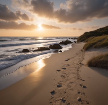 Soft natural light and shoreline creating a calm, grounding atmosphere