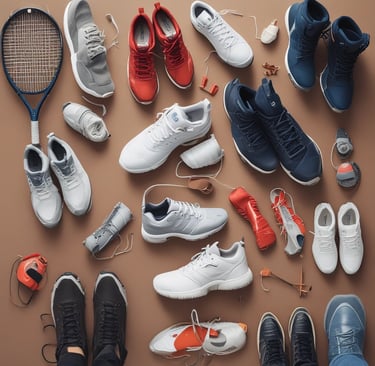 Assortment of protein powders and supplements arranged on a sleek black countertop with blue accents