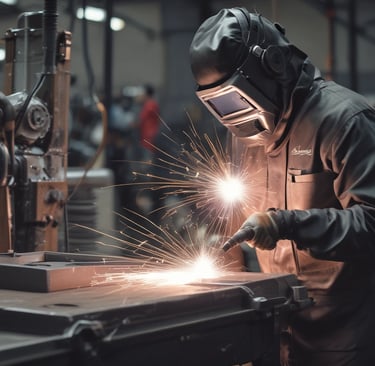 A friendly professional in a workshop holding welding tools with metal structures in the background.