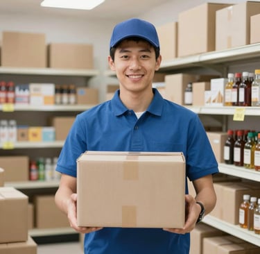 A delivery person handing a package to a happy customer at their doorstep in a sunny neighborhood.
