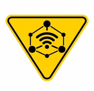 Señal triangular amarilla invertida con borde negro y símbolo central de red con nodos conectados y señal WiFi en negro