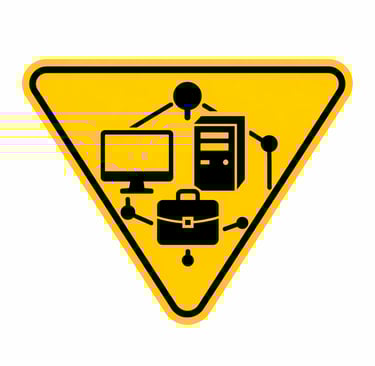 Icono triangular amarillo de equipo tecnológico empresarial con monitor, servidor y portafolio conectados.