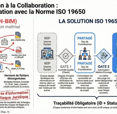 Comparaison Chaos vs CDE ISO 19650 : Flux de validation BIM structuré (WIP, Partagé, Publié).