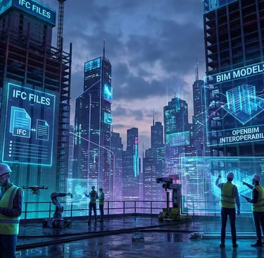 Photographie futuriste d'un chantier de construction cyberpunk la nuit, baigné de lumières néon bleues et cyan.