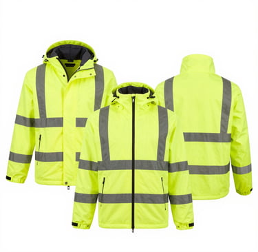 High-visibility safety jacket hanging on a wooden fence in natural light