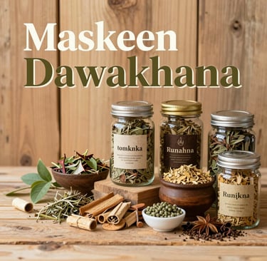 A vibrant assortment of fresh herbal leaves and roots arranged on a rustic wooden table.