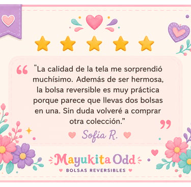 Opinión de cliente sobre los bolsos reversibles Mayukita Odd,calificación de cinco estrellas