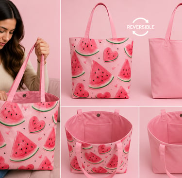 Bolso reversible de color rosa con estampado de sandías y corazones.