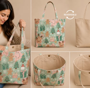 Una bolsa navideña reversible con un estampado festivo verde y un lado de lona beige lisa.