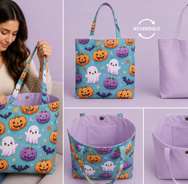 Una bolsa de tela reversible para Halloween con un diseño de fantasmas, calabazas y murciélagos.