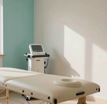 A professional and warm physiotherapy room in Mallorca with clean lines, natural light, and a Southern European aesthetic. A massage table is visible alongside modern therapy equipment in a space featuring pale aqua and off-white accents.