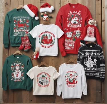 Cozy Christmas sweaters and t-shirts with playful holiday graphics displayed on a wooden table.