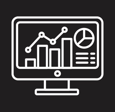 White line icon of a computer monitor displaying a data dashboard with charts and graphs on a black 
