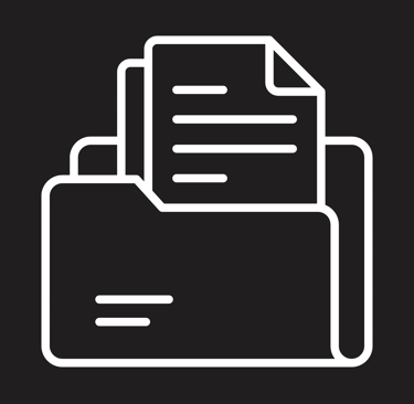 White line icon of a folder containing documents and files on a black background.