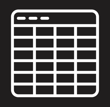 White minimalist spreadsheet icon or data table grid symbol on a black background.
