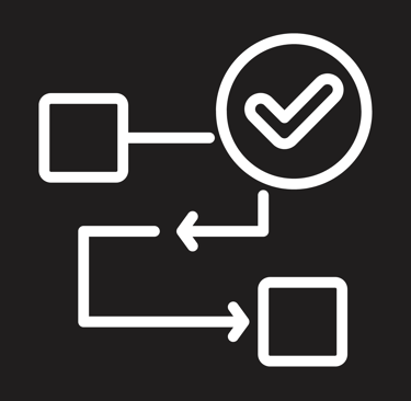 White line icon showing a workflow process with boxes, arrows, and a checkmark on a black background.