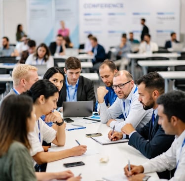 Image created with the AI program Grok showcasing a group of translators & interpreters talking