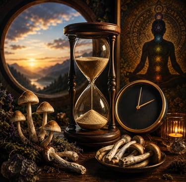 Vintage hourglass and clock with psilocybin mushrooms and a sunset mountain view for meditation.