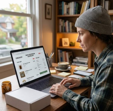 A person using a laptop to shop at an online magic mushroom dispensary for psilocybin products.