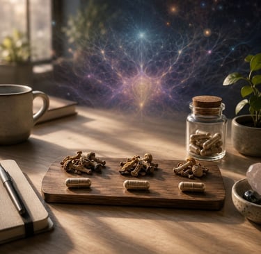 Dried functional mushrooms and capsules on a wooden board for microdosing and wellness.