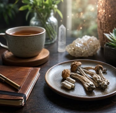 Dried psilocybin mushrooms and supplement capsules on a plate next to a cup of herbal tea and a journal.