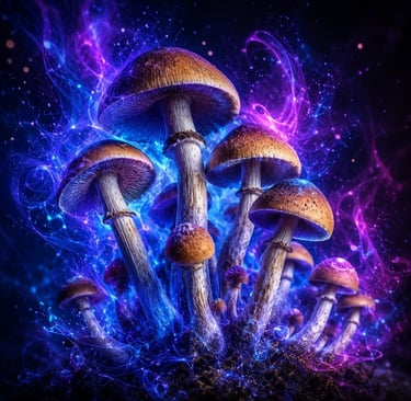 Mystical glowing mushrooms surrounded by magical blue and purple cosmic smoke and sparkles.
