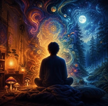 A person meditating in a cozy room with glowing mushrooms, facing a psychedelic portal to a starry forest.