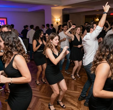 A vibrant bucks party scene with DJ Cezaris spinning upbeat tunes, guests laughing and celebrating.