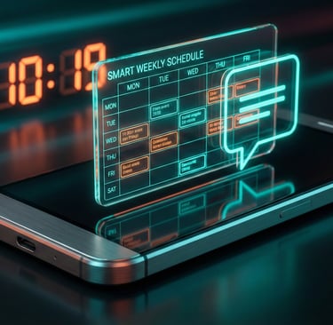 AI-powered scheduling concept showing a hologram calendar and chat interface on a smartphone.