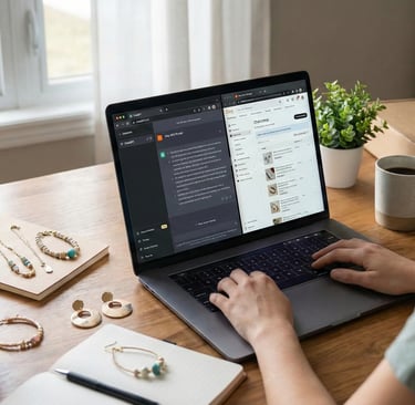 Etsy mağazası için ürün listelemeleri hazırlarken yapay zeka (AI) desteği alan bir girişimci.