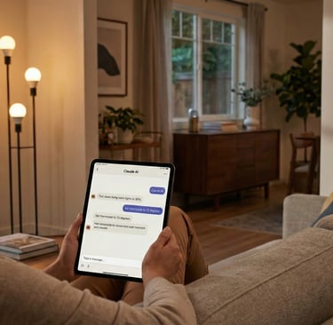 Woman using an AI tablet to control smart home devices, including lighting and a smart thermostat, in cozy modern living room