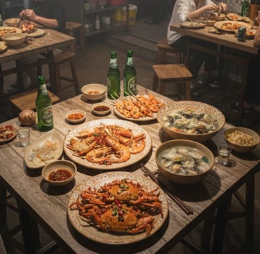 小炒店热炒菜品与浅口陶瓷盘、粗陶碗的桌面呈现