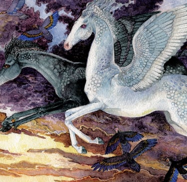 Waterolor of two Pegasi against a morning sunrise with clouds.