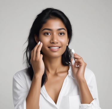 A joyful woman applying invisible sunscreen outdoors with a serene smile.