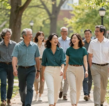 A group of diverse individuals laughing and walking together through a sun-dappled Michigan park in late spring. They are dressed in casual, modest clothing in shades of teal and off-white. Professional, candid photography with a sense of community. North American / Michigan US.
