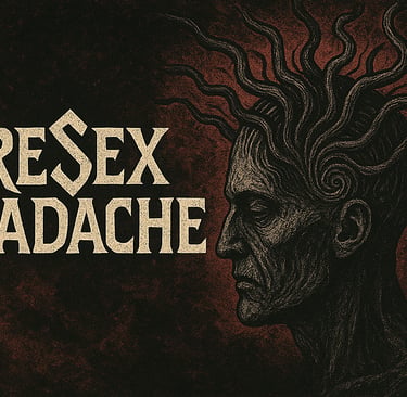 PreSexHeadache artwork with gothic band logo and a dark root-like human figure