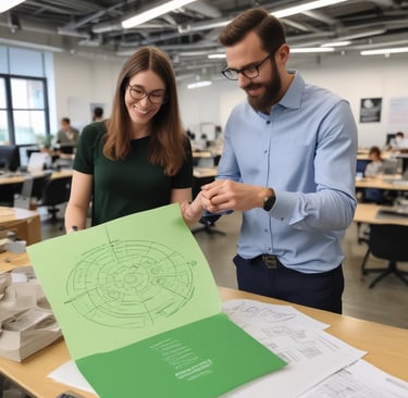 A workplace coach guiding a small group through circular economy principles with interactive materials.