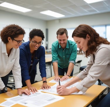 Adults collaborating in a bright training room, focused on hands-on environmental services tasks.