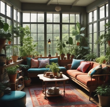 A lively workspace with a bold red desk, eclectic art on the walls, and a variety of potted plants adding life to the room.