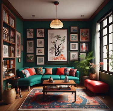 A vibrant living room bursting with bold colors, lush plants, and eclectic furniture pieces.