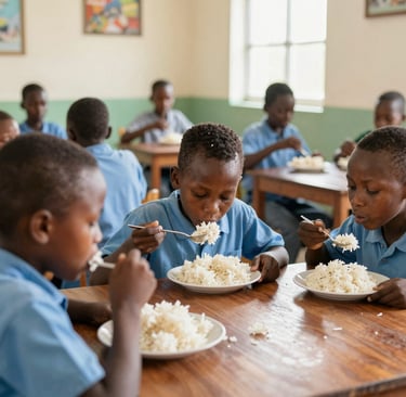 A vibrant market stall stacked with colorful rice bags labeled Mlinzi Rice.