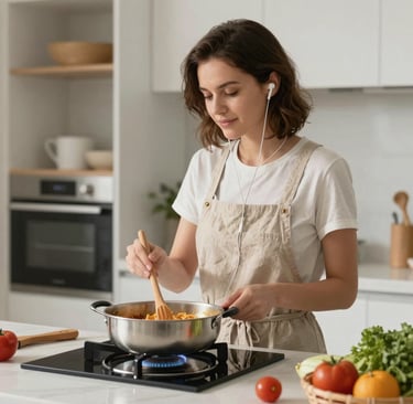 A woman wearing ear buds and cooking