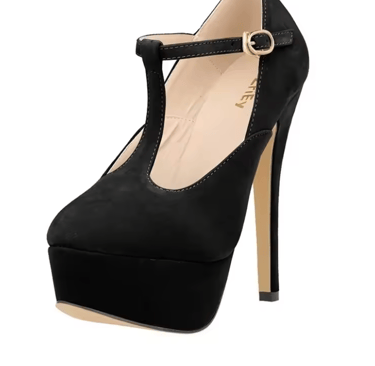 transgender black suede platform high heels with a T-strap buckle closure and slim stiletto heel.