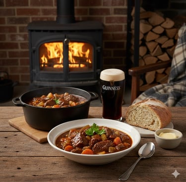 Hearty Irish beef stew served with crusty bread and a pint of Guinness by a cozy wood-burning fireplace.