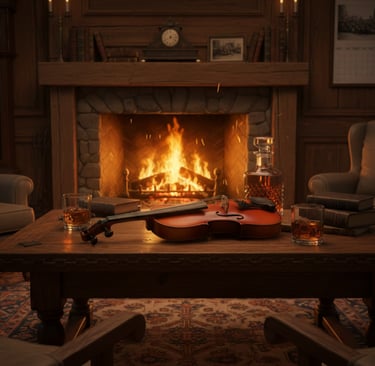 A violin and glasses of whiskey on a wooden table in front of a cozy stone fireplace.
