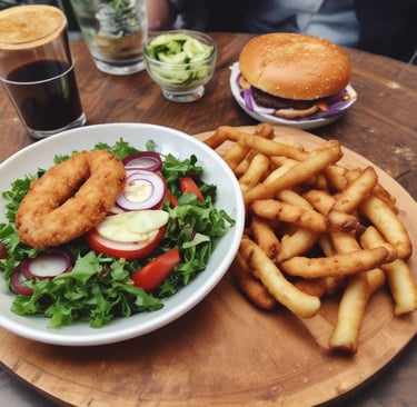 A colorful vegetarian burger with grilled vegetables and a vibrant side salad.