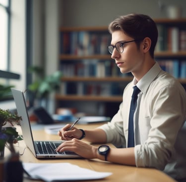 A friendly person explaining AI concepts on a laptop screen with simple graphics.