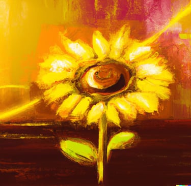 Abstract sunflower oil painting with vibrant yellow petals and warm orange tones in a textured art style.