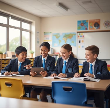 Diverse students wearing school uniforms in modern classroom