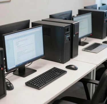 A sleek office workspace with multiple monitors displaying IT system dashboards.